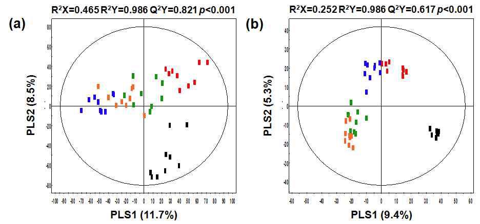GC-TOF-MS (a) 와 UPLC-Q-TOF-MS (b) 분석에 의한 UVB 조사 및 알로에 처리에 따른 피부 표피에서의 대사체 변화 양상에 따른 PLS-DA score plots.