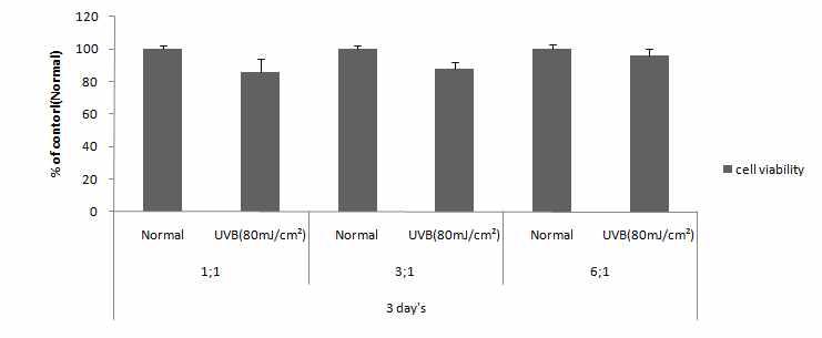 Fibroblast/Keratinocyte 비율이 UVB에 의한 세포독성에 미치는 영향 (72 h 처리)