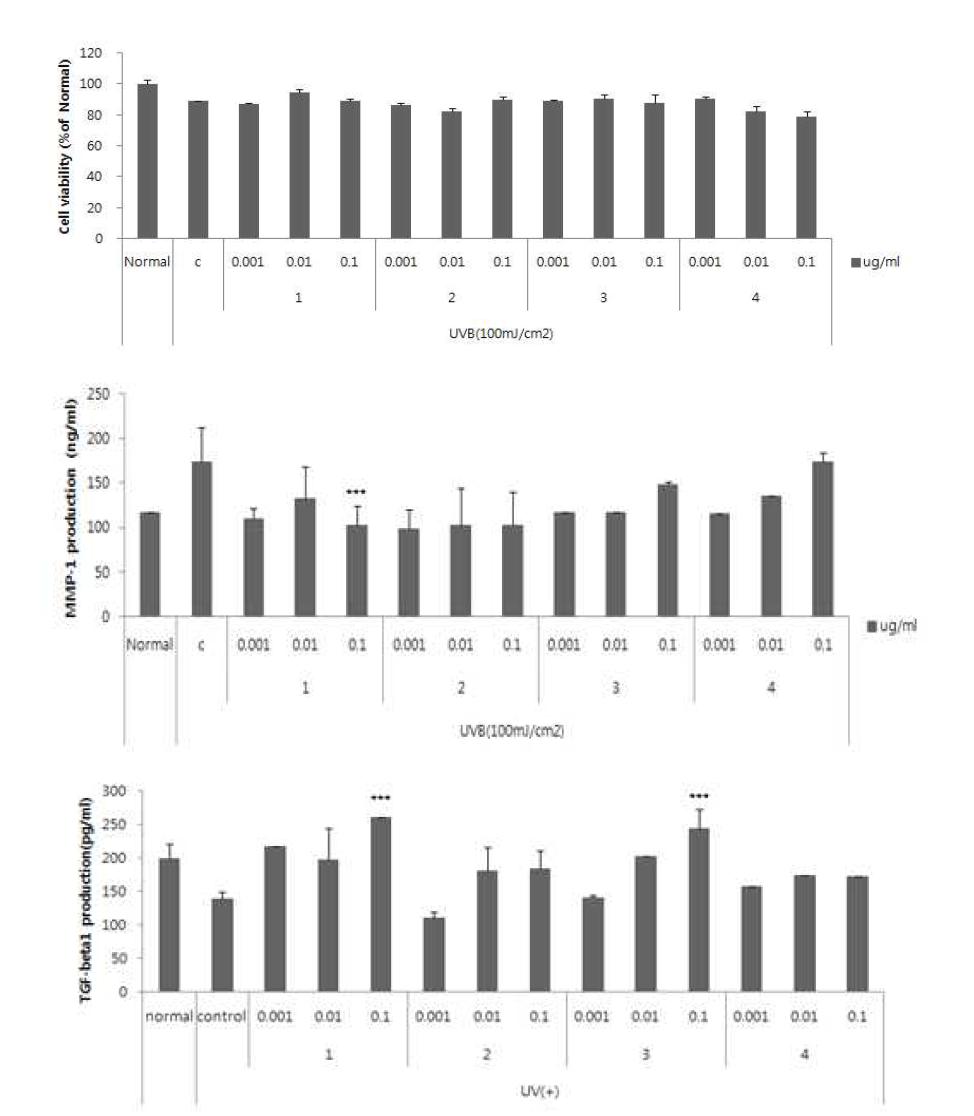 UVB 처리 후 알로에 추출물 1, 2, 3 및 4이 최적공동배양조건에서의 세포 증식, MMP-1 생성 및 TGF-beta1의 생성에 미치는 영향