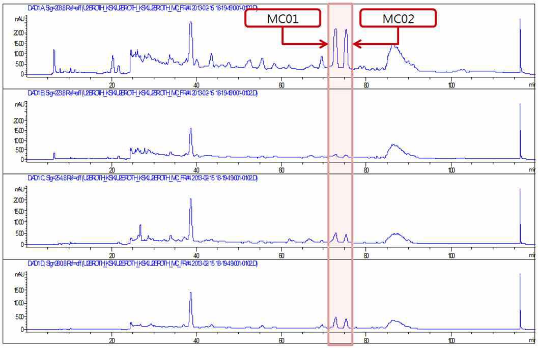 Methylene chloride 용매분획물의 1차 Prep. HPLC chromatogram