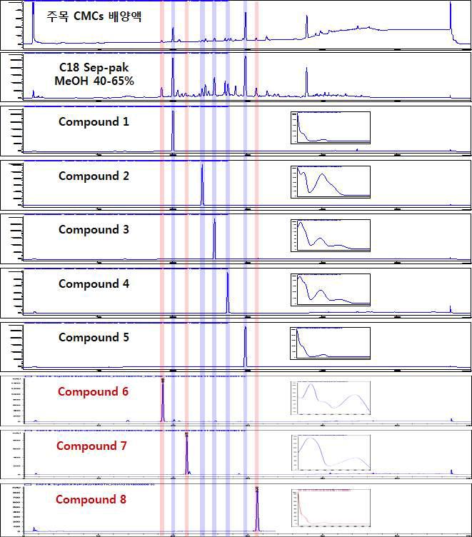 분취 8종 화합물들의 순도 확인 및 주목 CMCs배양액과의 비교 분석결과