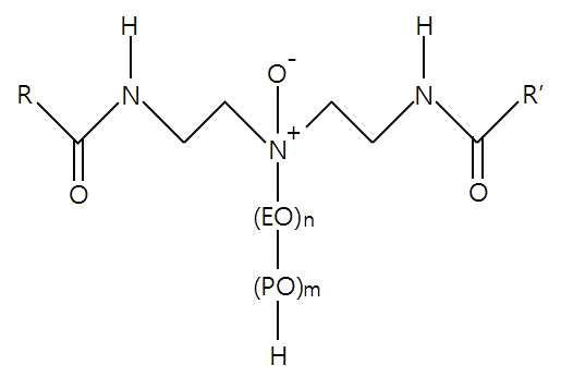 Molecular structure of DEP-OSA28-AO surfactant where R and R' correspond to C18H37 and C18H35 respectively.