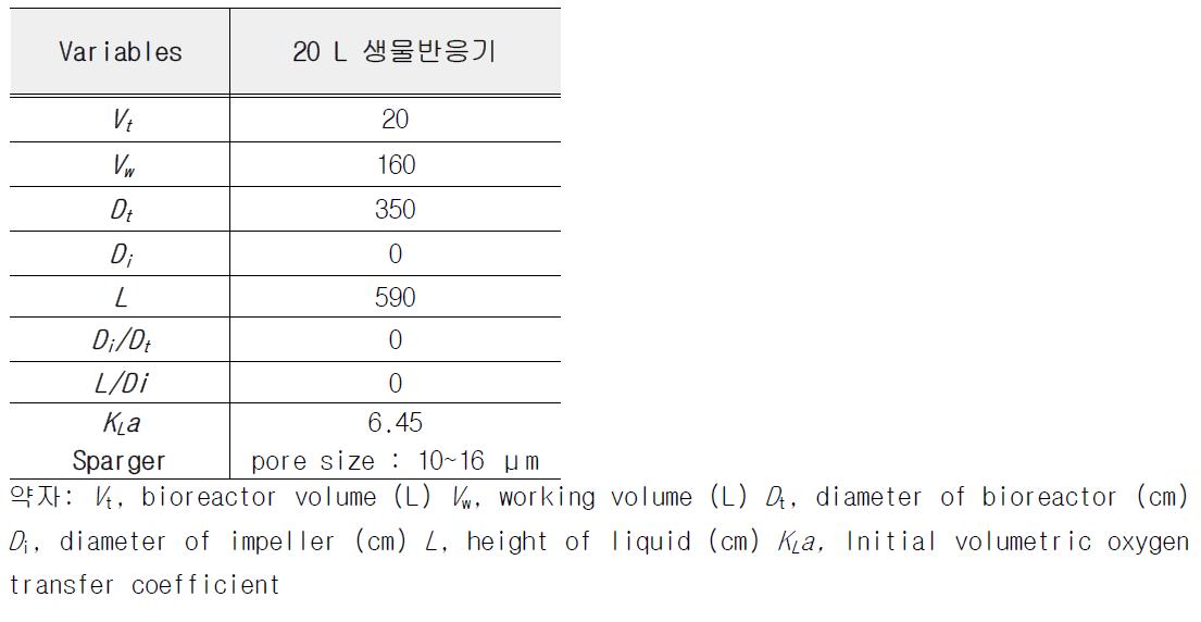 20 L 생물반응기의 vessel dimension