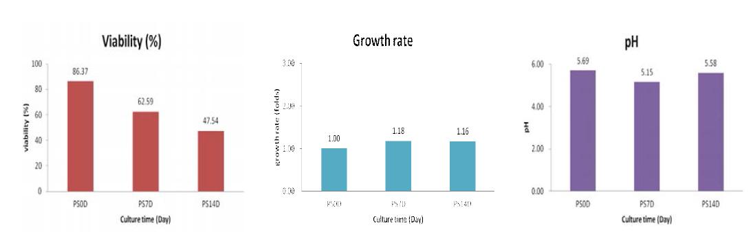 산삼 CMCs의 생산배양 기간 중 SA treatment에 의한 Cell viability (%), Growth rate (folds), pH