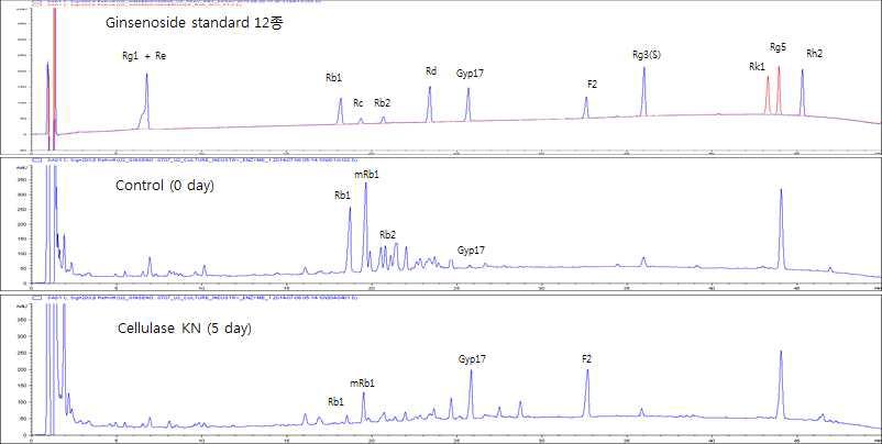 Cellulase KN enzyme 반응을 통해 ginsenoside의 conversion HPLC qualitative analysis 결과