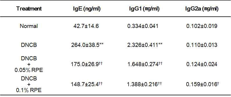 BALB/c 생쥐에서 DNCB 및 RPE 처치에 따른 혈청 Ig 농도 변화