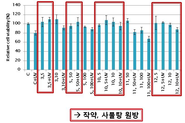 섬유아세포에서 UV조사에 의한 약재의 세포생존률