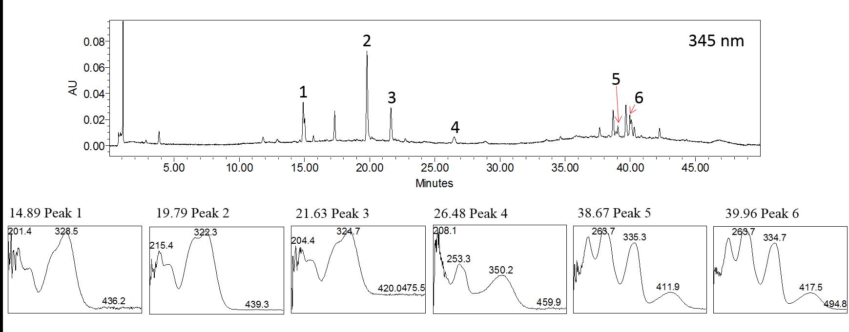 자윤방추경험방 3 열수 추출물의 UPLC 분석 자료와 peak 6개의 UV-spectra