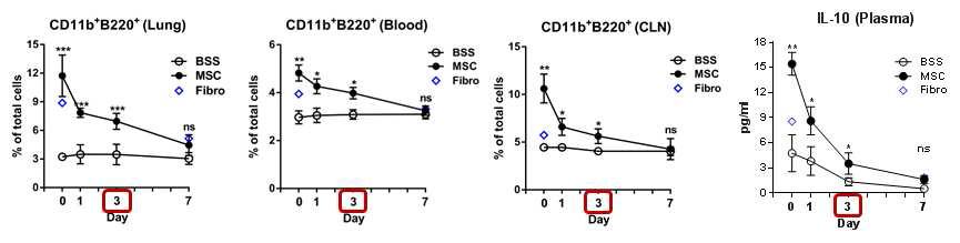 The MHC IIhiB220+CD11bhi cells that were induced by MSCs remained increased until day 3 in the lung, blood, spleen, and LN.