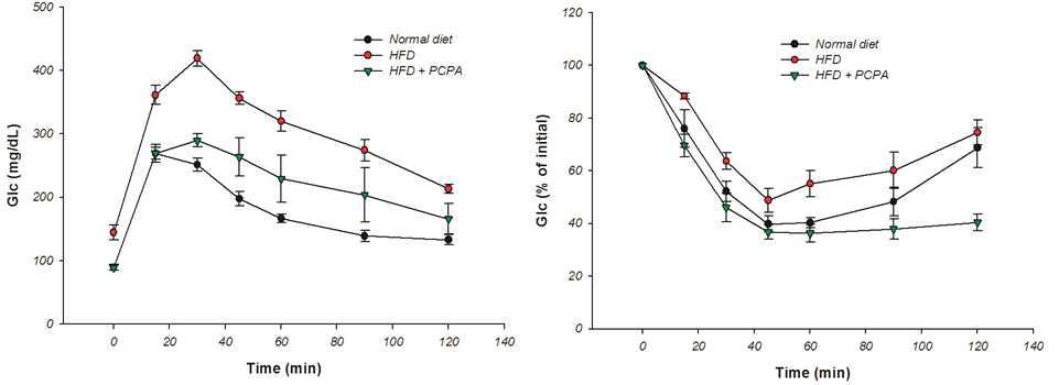 PCPA에 의한 포도당(좌), 인슐린(우) 내성 개선