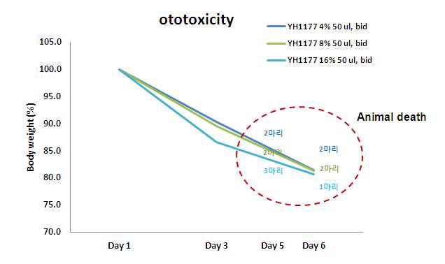 Body weight and clinical signs following administration of YH1177 4%, 8%, 16% 50 ul, bid for 7 days in guinea pigs