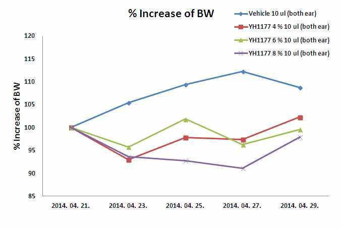 Body weight and clinical signs following administration of YH1177 4%, 6%, 8% 10 ul, bid for 9 days in guinea pigs