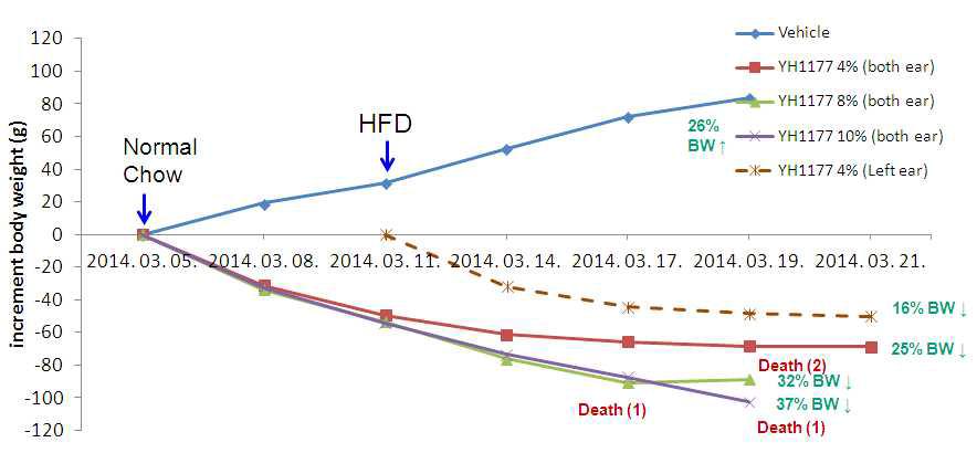 Body weight and clinical signs following administration of YH1177 4%, 8%, 10% 10 ul, bid for 17 days in rats