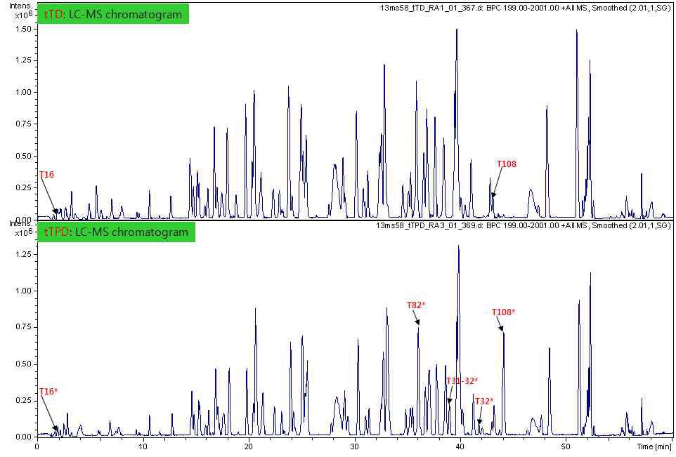 Trypsin/PNGase-F 처리 전,후 LC-MS 크로마토그램 분석 결과