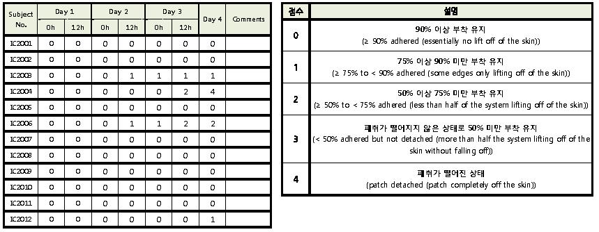 Donepezil patch adhesion score(87.5mg/25㎠)