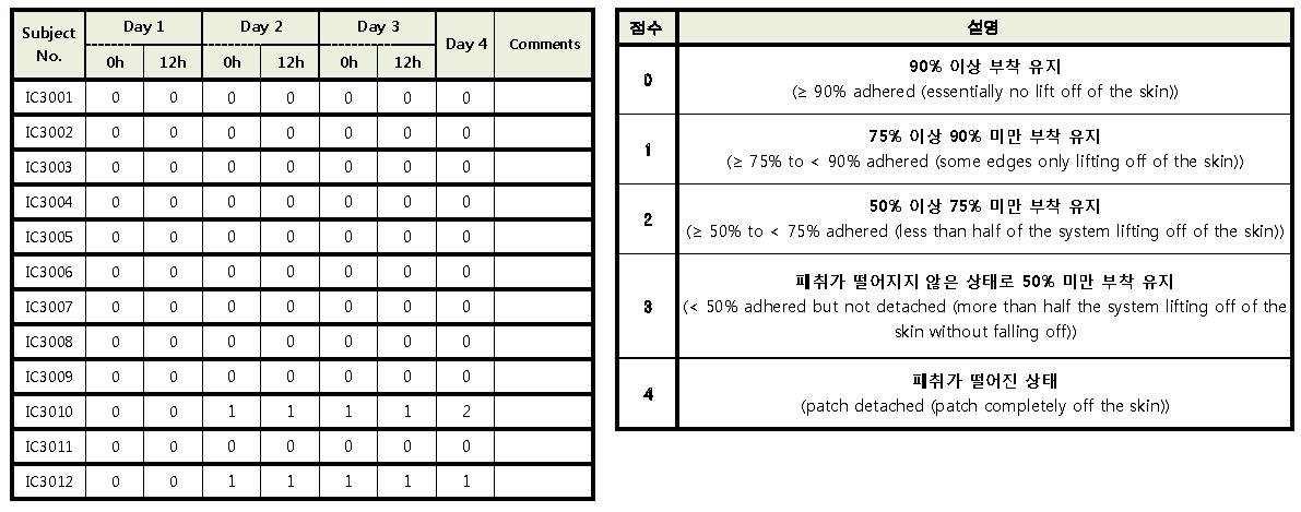 Donepezil patch adhesion score(175mg/50㎠)