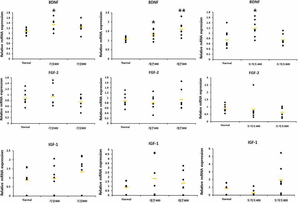 Production of BDNF, FGF-2, IGF-1 hormone on oral administration of 4weeks food extracts in ICR mice brain by RT-PCR.