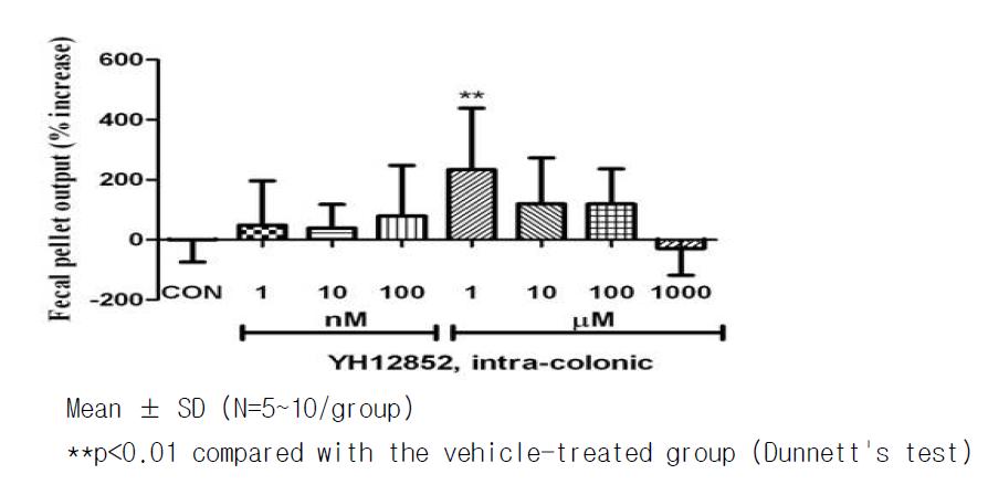 YH12852 결장내 직접 투여에 따른 기니피그에서의 분변배출 촉진효과
