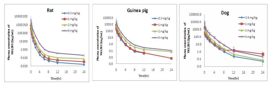 Time-concentration profiles of YH12852 following intravenous administrations of YH12852 to rats, guinea pig and dogs.