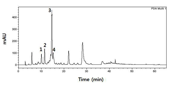 황칠나무 잎 추출물의 에틸아세테이트 분획의 HPLC 크로마토그램