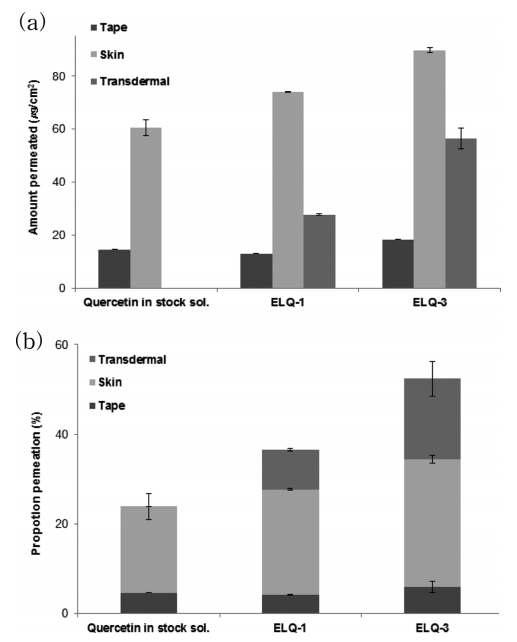 쿼세틴을 담지한 1,3-butylene glycol 용액, 일반 리포좀(ELQ-1), 탄성 리포좀(ELQ-3)의 피부 투과 비율