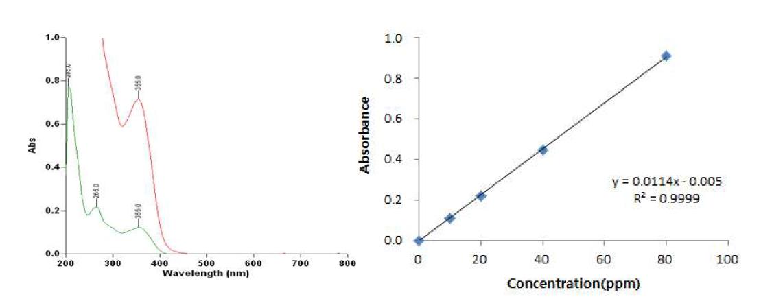 마디풀 ethyl acetate 분획물의 UV spectrume과(왼쪽) 최대 흡수파장 355nm에서 마디풀 추출물의 검량선(오른쪽)