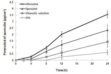 24시간 동안 쥐의 등피부에 투과된 쿼세틴의 양 (transdermal :permeatedthrough skin).