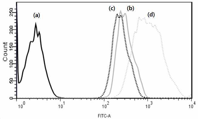 유세포 분석 ; FITC 담지 양이온 리포좀의 세포내 이입 ; (a) negative cell, (b) PB 용액, (c) 리포좀, (d) 양이온 리포좀(DOTAP 3 mM).