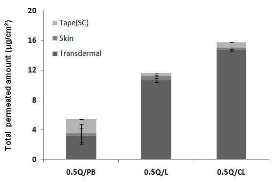 쿼세틴을 담지한 PB 용액(PB), 리포좀(L) 및 양이온 리포좀(CL)의 피부 투과 비율