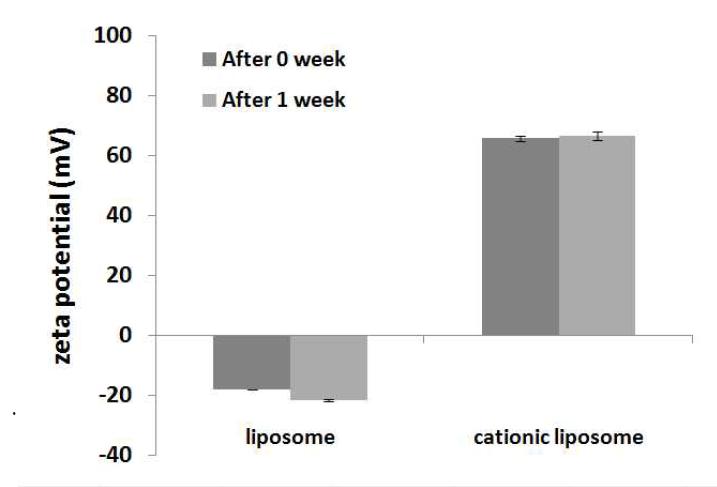 일주일 후 여뀌 담지 리포좀 제형별 제타 포텐셜 변화.