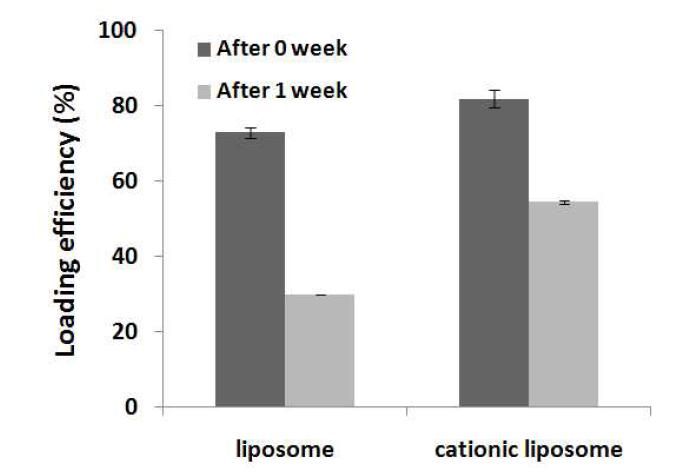 여뀌 추출물을 담지한 일반 리포좀과 양이온 리포좀의 일주일 후 포집효율 변화.