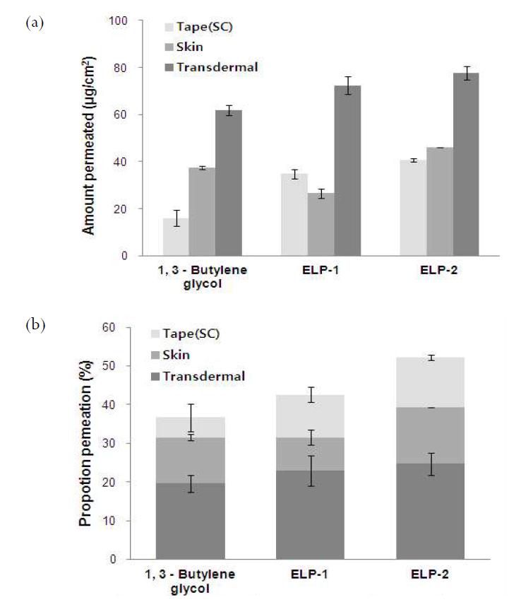 여뀌 추출물 담지 탄성 리포좀(ELP-2) 및 일반리포좀(ELP-1), 1,3-BG 용액의 피부 투과량 (tape: 각질층, skin: 각질층을 제외한 표피+진피, transdermal: receptor chamber)