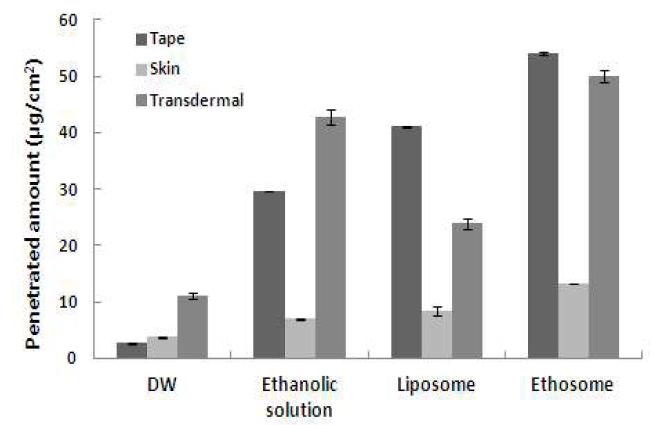 여뀌 추출물 담지 에토좀 및 대조군의 피부 투과량 (tape: 각질층, skin: 각질층을 제외한 표피+진피, transdermal: receptor chamber).