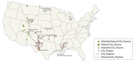 미국내 이산화탄소 포집설비 및 파이프라인 구축맵(2011)