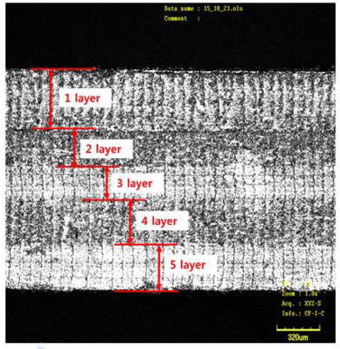 세라믹 보강층을 갖는 5ayers 적층 시편의 측면 콘포칼현미경 이미지