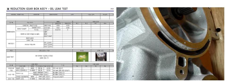 감속기 Leak Test 성적서(좌) 및 누유상태(우)