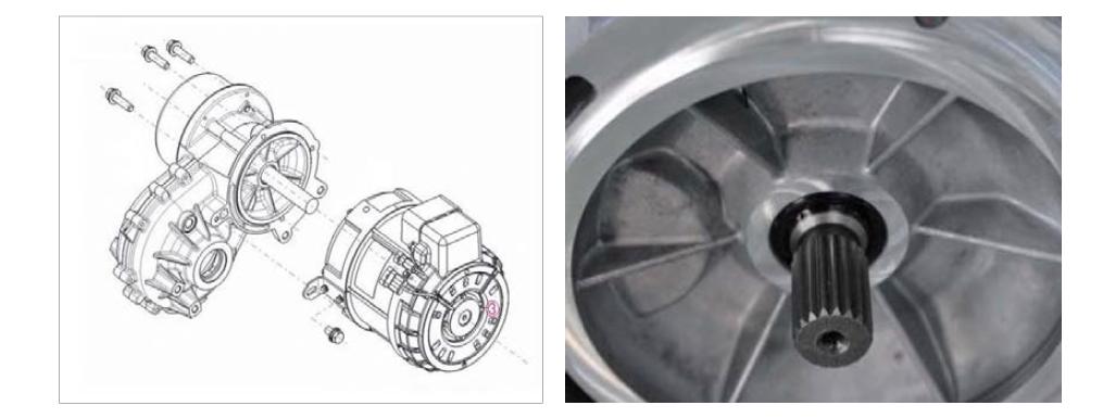 모터와 감속기 조립 체결도(좌)와 모터의 스플라인 형상(우)