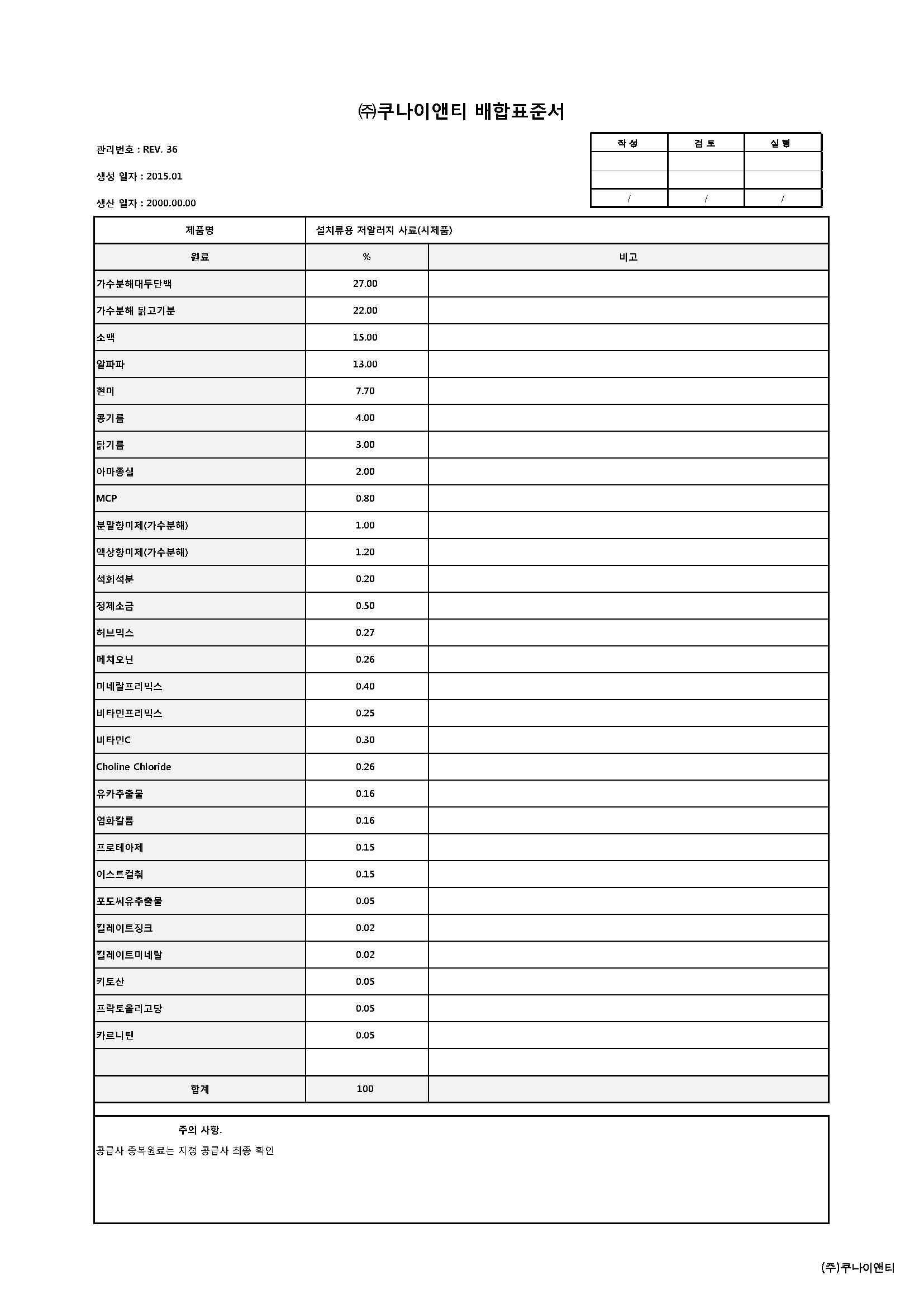 설치류용 저알러지사료 배합표준서