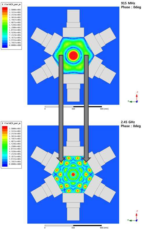 915MHz와 2.45GHz의 전계분포 비교(ZX 평면)