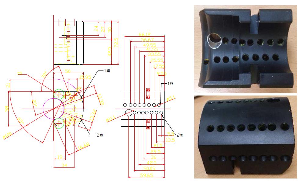 센서홀더 설계 도면 및 가공품 사진