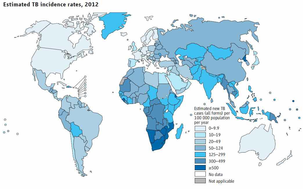 2012년 각 나라별 인구 10만 명당 새로운 결핵 환자 발생률