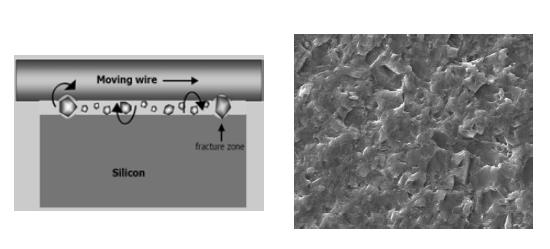 slurry wire sawing 후 웨이퍼 표면 관찰 (SEM, 1,000 X)