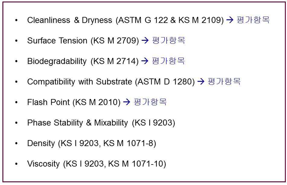 후보 세정제의 세정성, 물리적/화학적 특성 및 생분해도 평가 항목