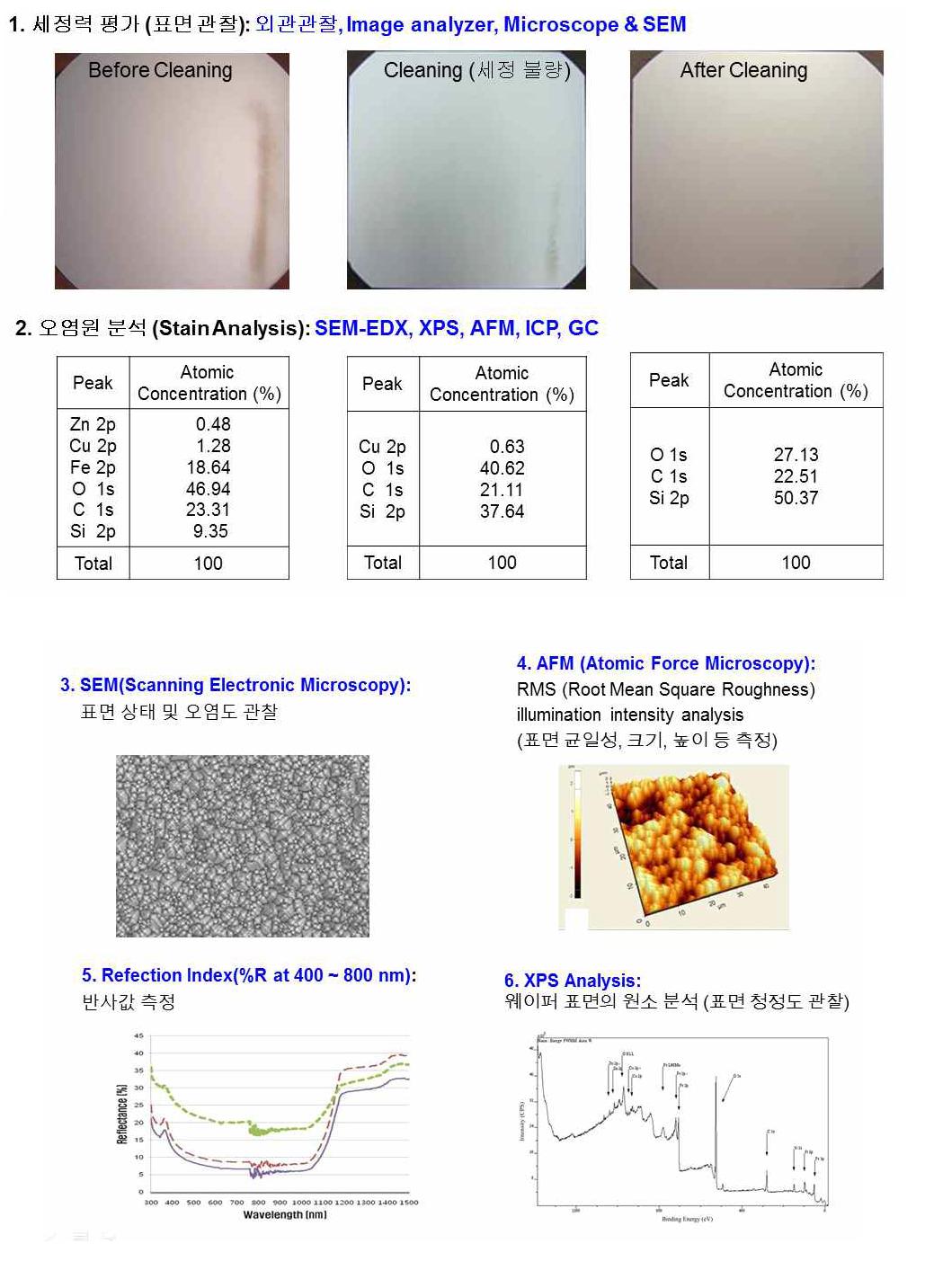 세정력 평가 방법 (외관평가, SEM, EDX, AFM, XPS & Refection Index)