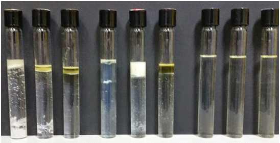 Phase stability for ECO-15 in NaOH, KOH, TMAH (5, 10, 15 wt%) solutions at 25℃.