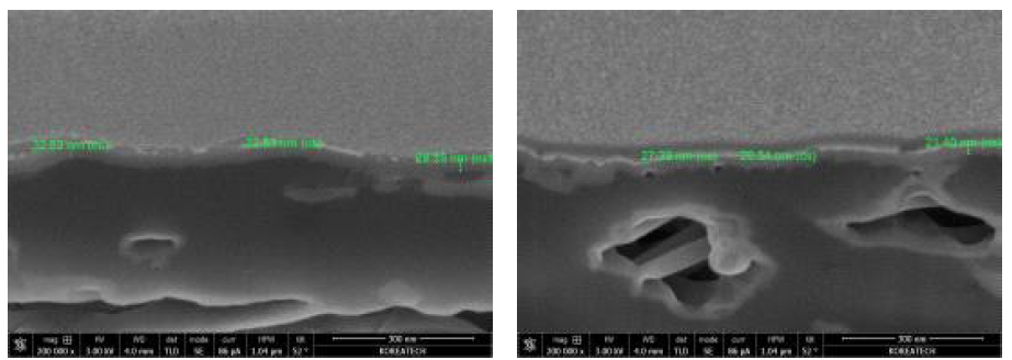 70cycles 분리막의 단면 두께 앞면(좌), 뒷면(우) 이미지