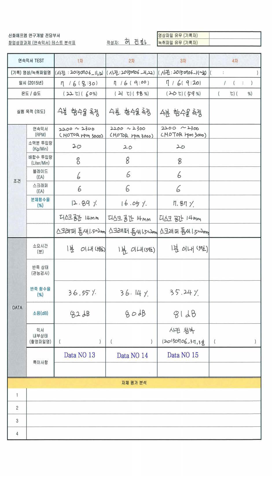 No13, 14, 15 시료 – 수행평가 기록카드