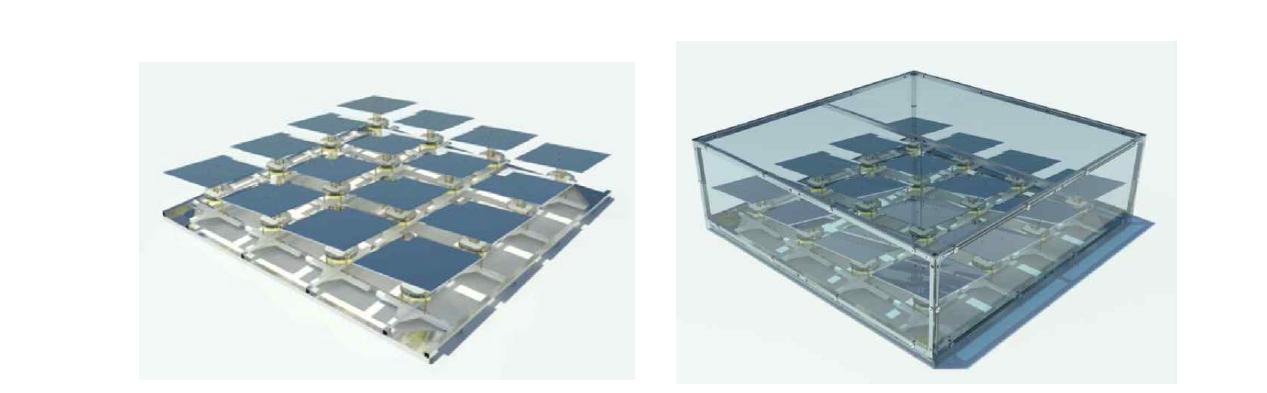 헬리오스탯 16개를 이용한 매트릭스 구조 및 투명 아크릴 케이스를 적용한 모습