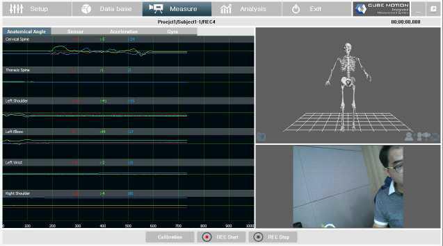 3차원 동작분석 프로그램의 실시간 측정 화면