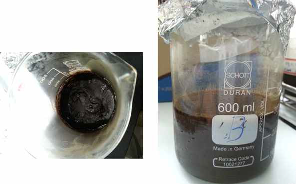 일반 고온 반응 후 잔여 페이스트와 펜톤산화용액 반응(고온반응, 120℃) 후 잔여 페이스트